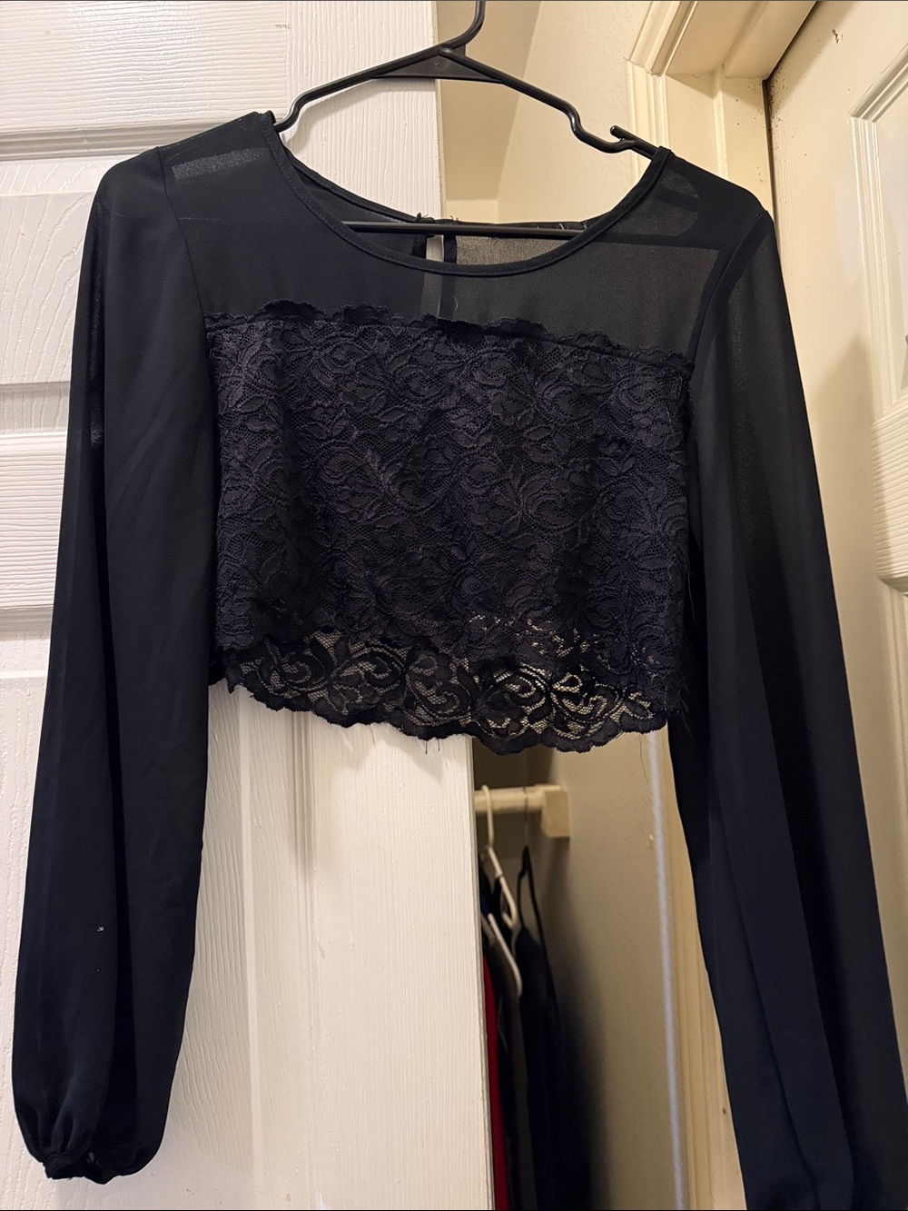 Women's Black Lace Long-Sleeve Cropped Top